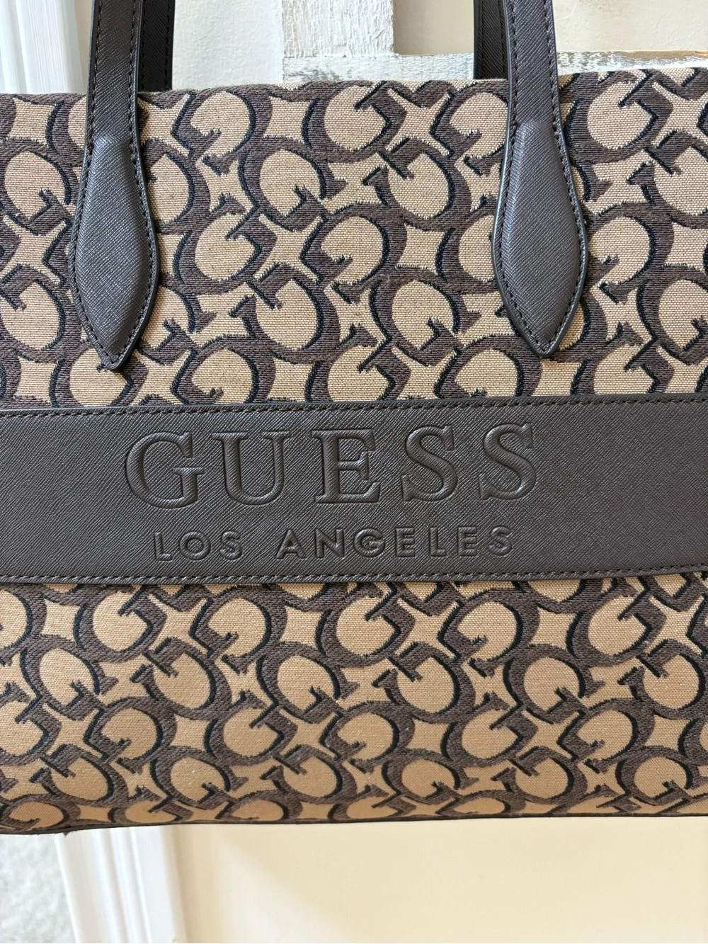 GUESS Brown Logo Jacquard Tote with Dark Brown Trim